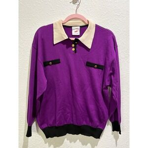 Mondi Vintage Wool Knit Preppy Collared Purple Gold Button Women Sweater SIZE LG